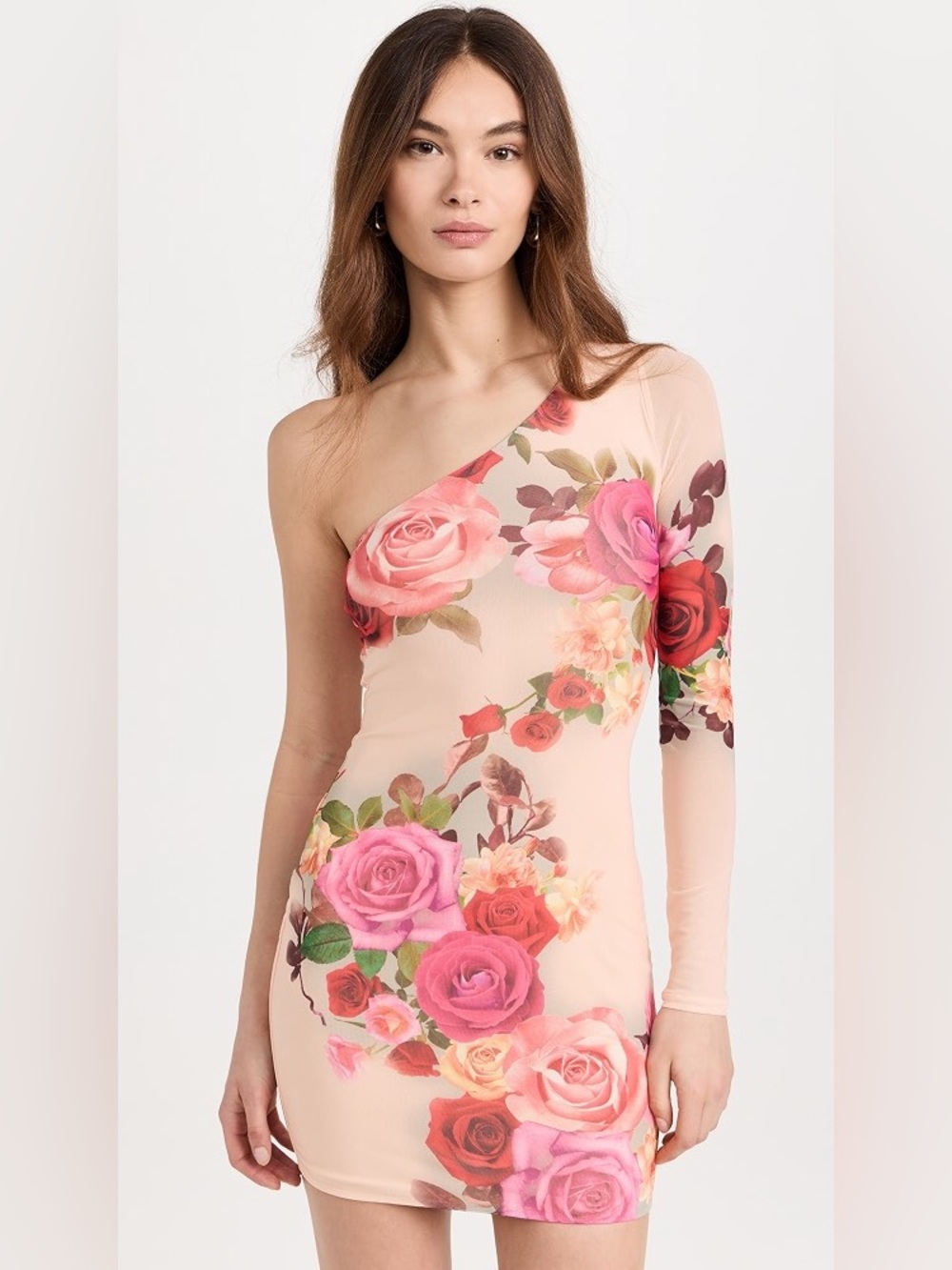 AFRM One-Shoulder Floral Bodycon Dress in Blush Pink and Rose